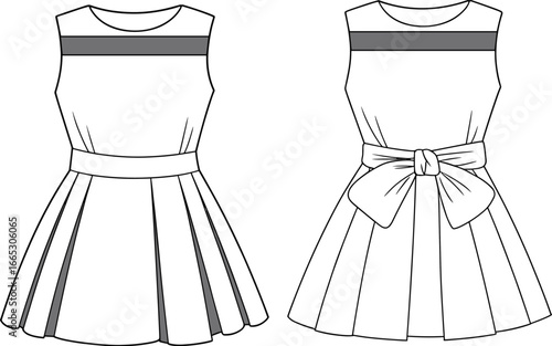 Fashion flat sketch of sleeveless pleated dress with contrast yoke and waist tie, front and back views, vector illustration