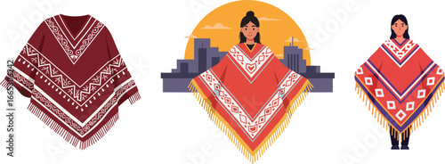 Traditional ponchos displayed by models against city skyline background  