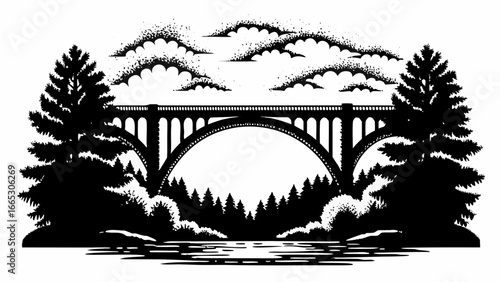 Illustration of a bridge over water with trees and clouds in black and white landscape drawing style |  editable eps vectors silhouette