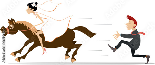 Chasing love. The runaway bride.
Bride runs away from the bridegroom on the horse back
