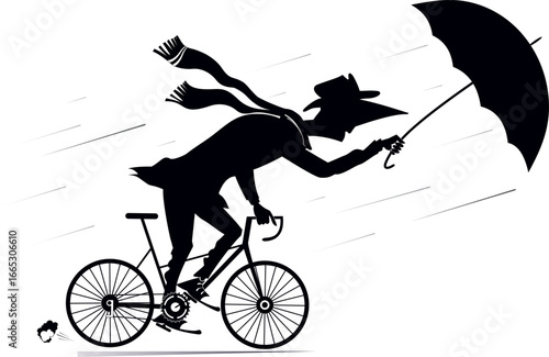 Rainy and windy day and man rides a bike. 
Bad weather. Man with an umbrella rides a bike under strong wind and rain. Black and white illustration
