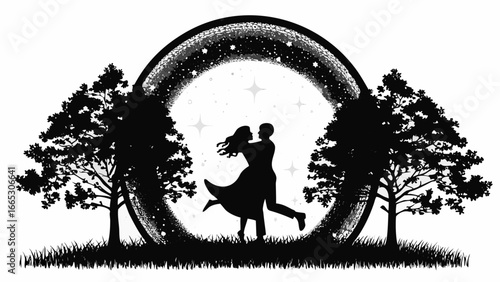 Silhouette of couple embracing under starry archway between trees in a monochrome landscape design art |  editable eps vectors