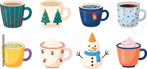 Cozy collection of festive mugs filled with warm beverages and winter treats