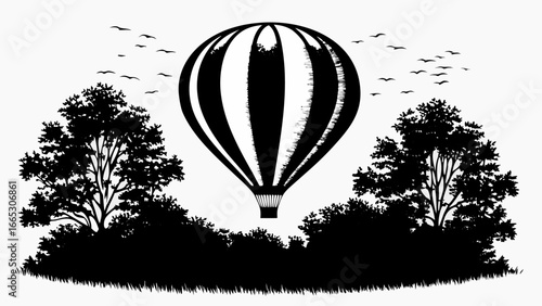 Silhouette of a hot air balloon above trees with birds flying in the sky in a black and white scene |  editable eps vectors