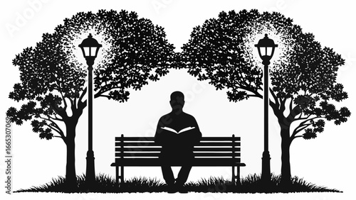 Silhouette of a person reading on a bench in a park with trees and lampposts creating a peaceful scene |  editable eps vectors