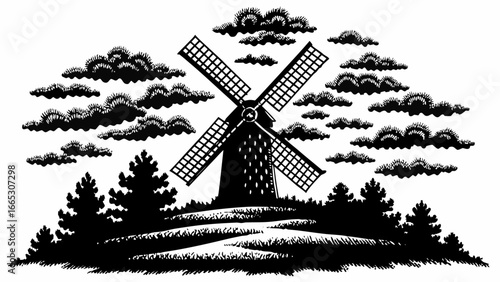 Illustration of a windmill on a hill surrounded by trees and clouds in black and white style |  editable eps vectors silhouette