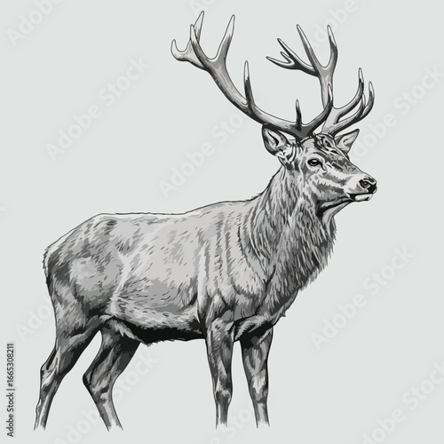 Detailed grayscale illustration of a majestic stag with large, impressive antlers, standing in profile.