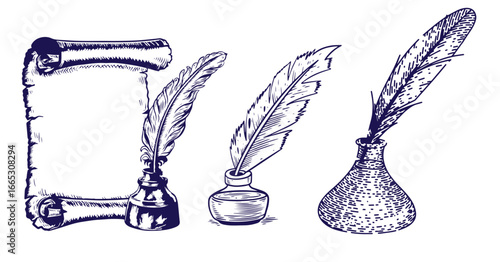 An ancient manuscript, a scroll, a sealed inkwell and a pen. Vector black and white graphics. Hand-drawn illustration on a white background. Design element for postcards