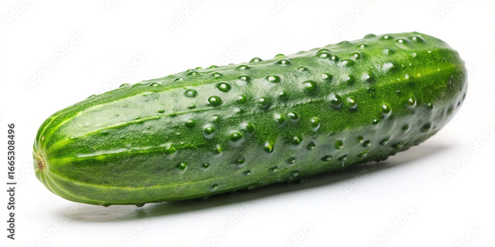 A fresh cucumber displays its smooth, vibrant green skin with a bumpy texture against a white background. This healthy vegetable is known for its refreshing taste and crunch A fresh cucumber displays its smooth, vibrant green skin with a bumpy texture against a white background. This healthy vegetable is known for its refreshing taste and crunch