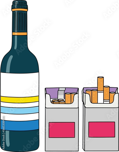 Harmful habits represented by a wine bottle and cigarette packs