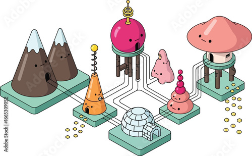 Whimsical, interconnected cartoon village with cute, smiling houses and igloo