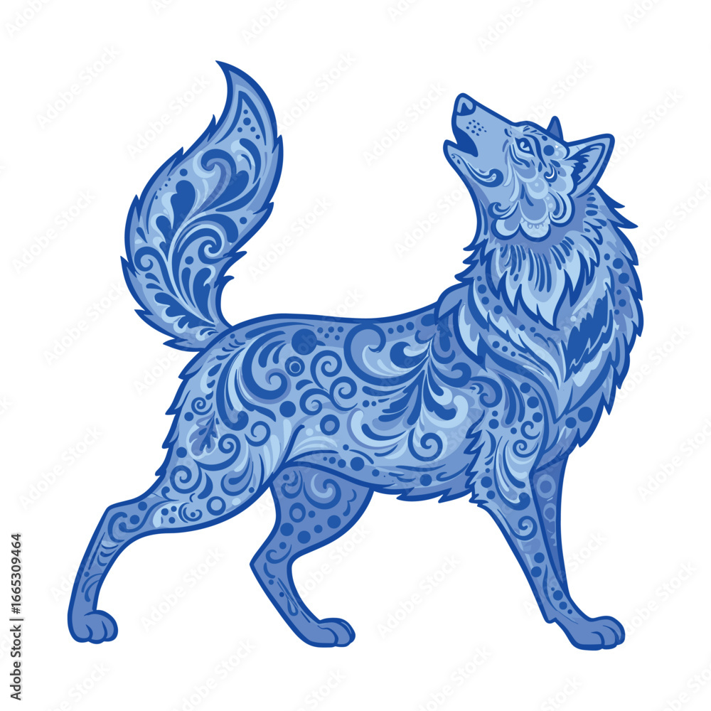 Fototapeta premium Artistic blue wolf illustration with intricate patterns and swirling designs, celebrating wildlife