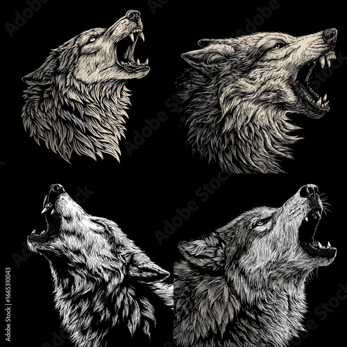 Detailed monochrome drawings of roaring wolf heads on black bold etched style for tattoo art, mascots, logos, and apparel prints.