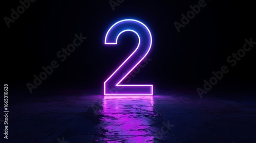 number two glowing in the dark, pink blue neon light. stylized number 2 outlined in a vibrant neon light that fades from blue at the top to purple at the bottom, wet floor against a black background.