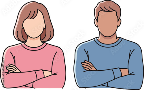 Faceless man and woman with arms crossed, representing partnership or disagreement