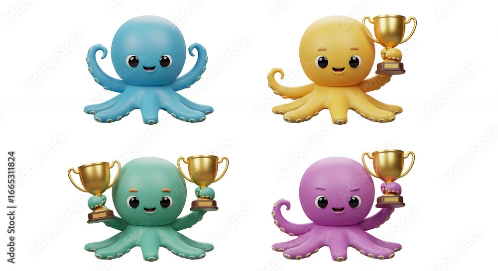 Obraz premium Four cute cartoon octopuses with trophies