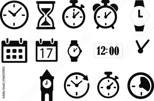 Timekeeping device icon set , Simple black clock on green background for time related concepts, ,Business lunch icon. Knife, fork and plate with clock illustration. Lunch time symbol.