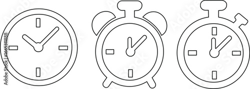 Timekeeping device icon set , Simple black clock on green background for time related concepts, ,Business lunch icon. Knife, fork and plate with clock illustration. Lunch time symbol.