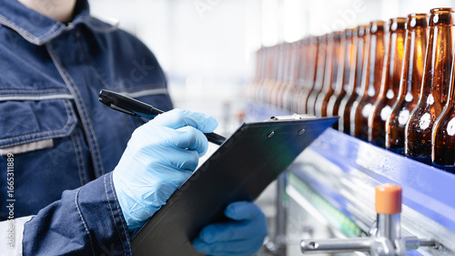 Εκτύπωση καμβά Worker inspecting bottling line in beer factory with clipboard and gloves, food