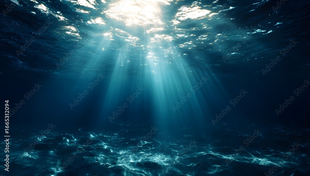 Fototapeta premium Sunlight piercing through deep blue ocean waters illuminating the underwater world