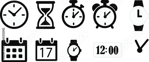 Timekeeping device icon set , Simple black clock on green background for time related concepts, ,Business lunch icon. Knife, fork and plate with clock illustration. Lunch time symbol.
