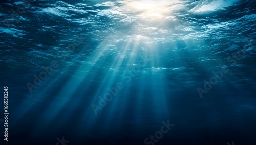 Sunlight piercing through deep blue ocean water creating beautiful underwater light rays