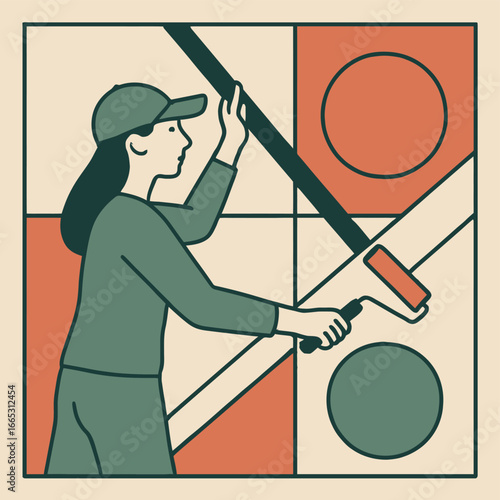 A stylized illustration of a woman painting, set against a backdrop of bold geometric shapes in warm, muted colors.
