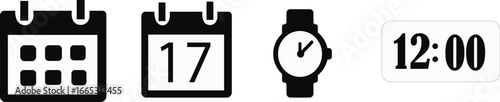 Timekeeping device icon set , Simple black clock on green background for time related concepts, ,Business lunch icon. Knife, fork and plate with clock illustration. Lunch time symbol.