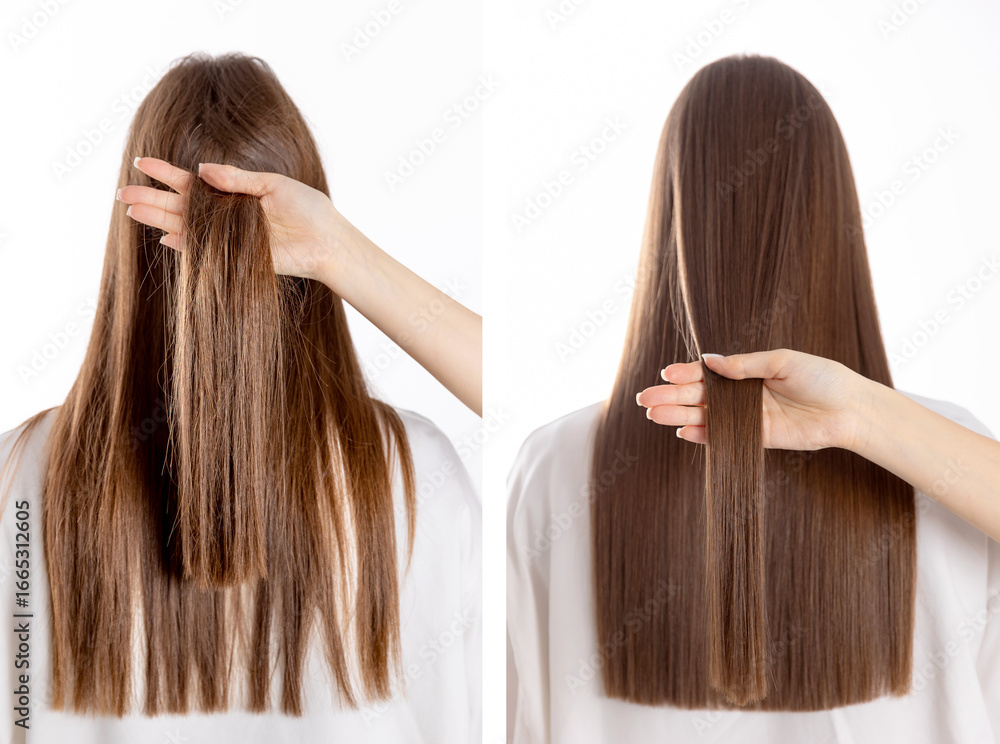 Fototapeta premium Female hair transformation: before and after keratin treatment for healthy locks