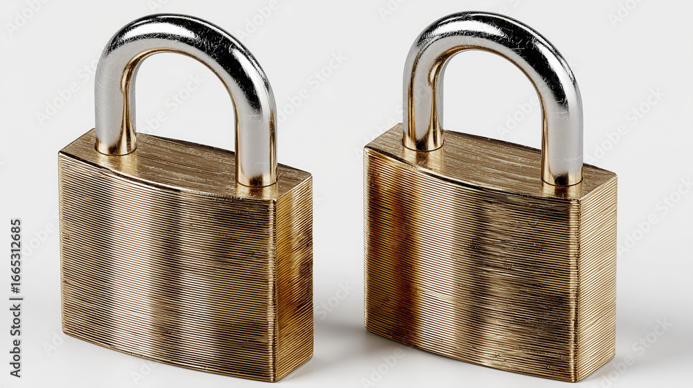 Naklejka premium Pair of brass padlocks on neutral background