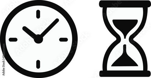 Timekeeping device icon set , Simple black clock on green background for time related concepts, ,Business lunch icon. Knife, fork and plate with clock illustration. Lunch time symbol.