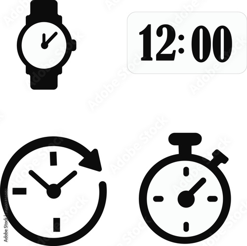 Timekeeping device icon set , Simple black clock on green background for time related concepts, ,Business lunch icon. Knife, fork and plate with clock illustration. Lunch time symbol.
