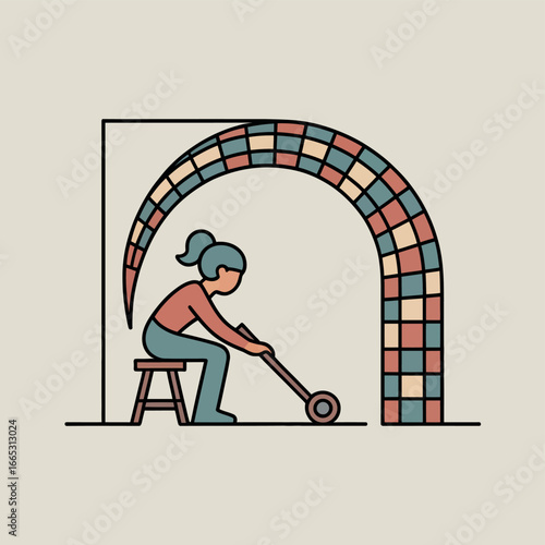 A stylized illustration of a woman working on a mosaic arch.
