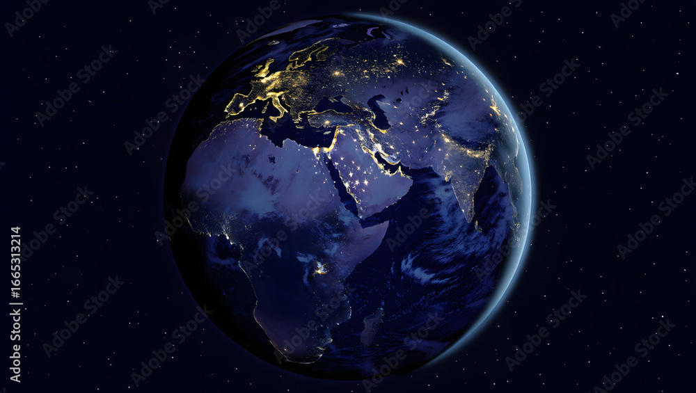 Obraz premium Global Illumination: A mesmerizing view of Earth at night, showcasing the planet's radiant city lights and the vast expanse of the cosmos. Witness the awe-inspiring beauty of Earth.