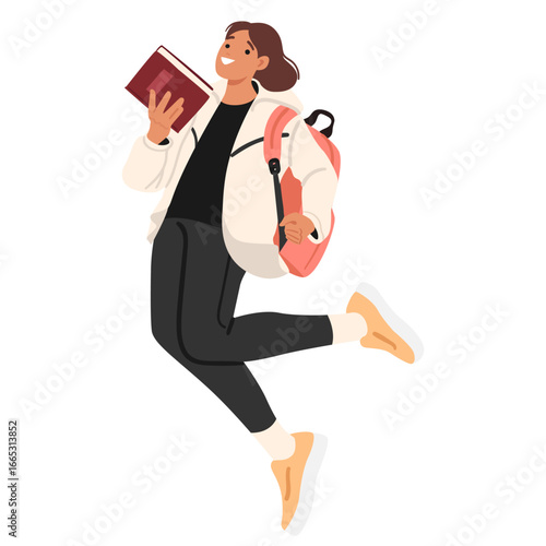 Pretty positive teenage girl cartoon character smiling jumping in air rejoicing start of education