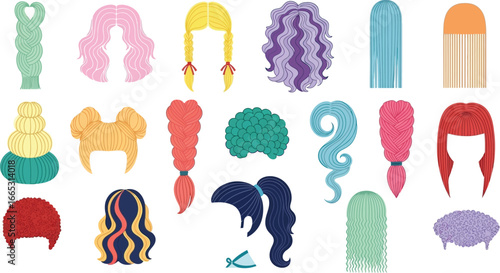 Vibrant collection of diverse and playful hairstyles in various colors and textures