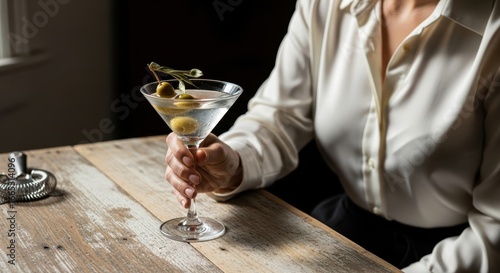 Woman holding martini glass with olives in elegant setting
