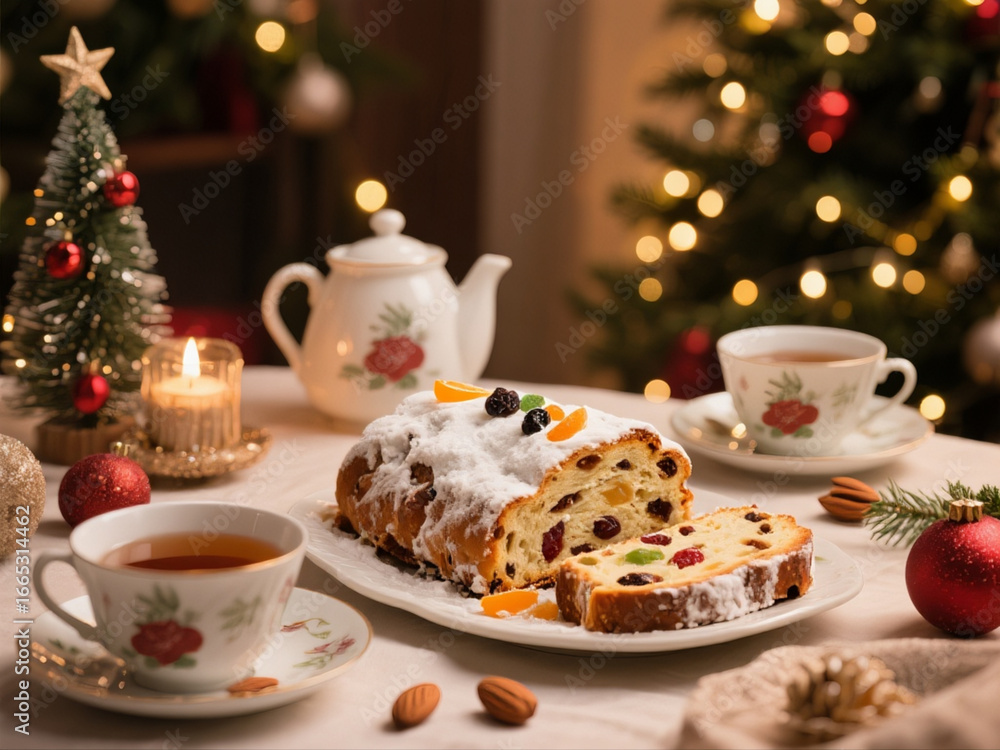 Fototapeta premium Served table with Stollen cake, tea cups and pot. German Christmas dessert, bread chock full of dried fruit, candied peel, and almonds. Festive lights, tree and decoration.