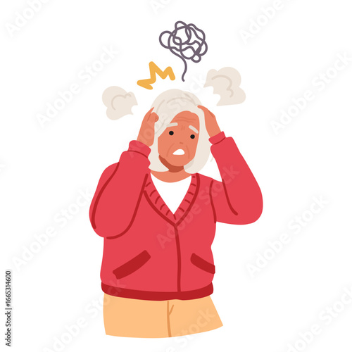 Retired elderly woman cartoon character feeling stress suffering from tangled confused thoughts