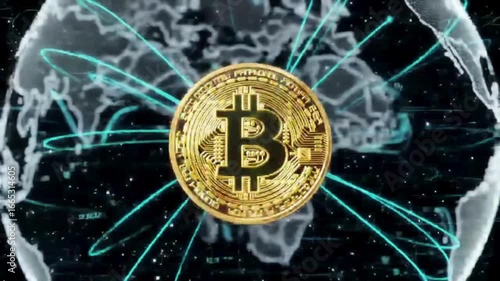Bitcoin's Global Reach: A symbolic representation of cryptocurrency's worldwide impact, depicting a gleaming Bitcoin coin at the center of a digital globe, connected by lines of global exchange.