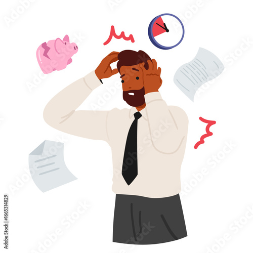Scared businessman in panic thinking on problem at work feeling deadline pressure and finance lack