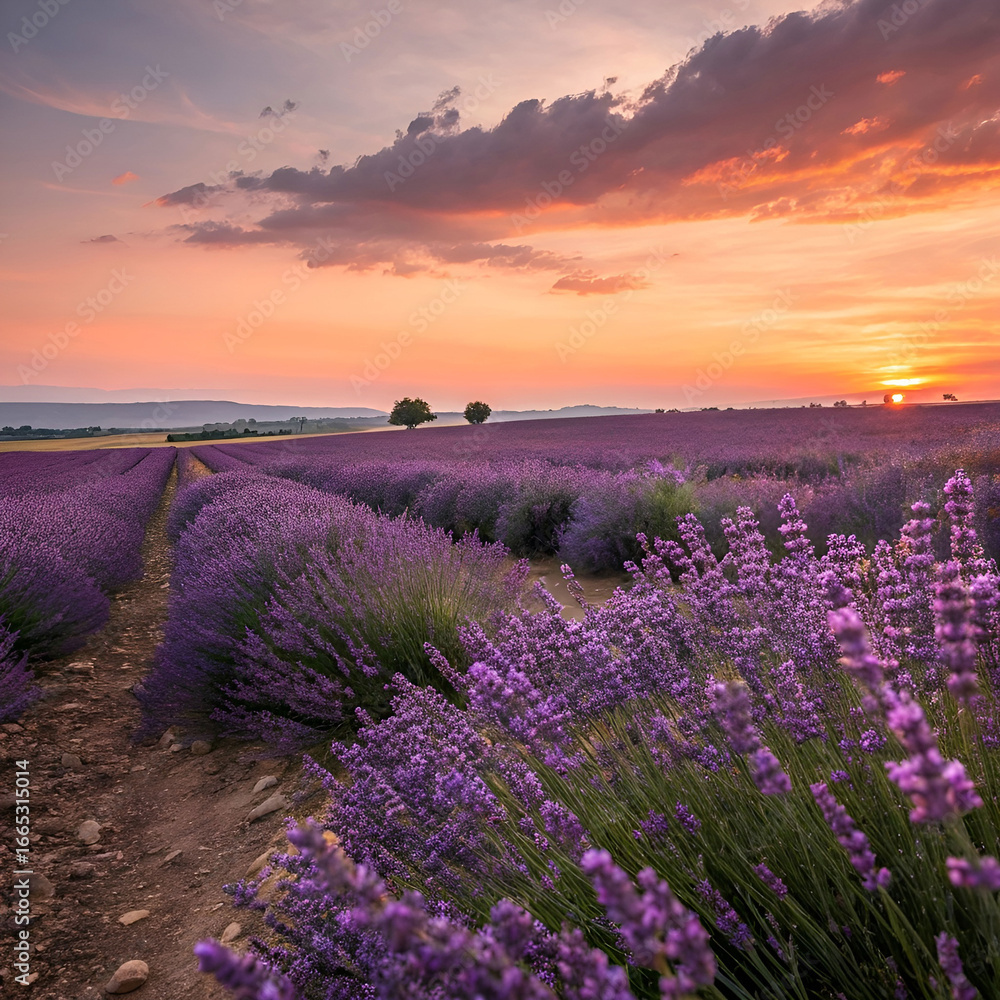 Naklejka premium Golden hour at a lavender field.