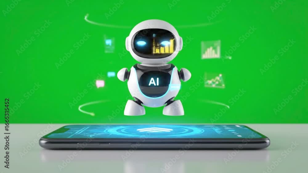 custom made wallpaper toronto digitalCute AI robot emerging from smartphone hologram with green background and digital communication icons