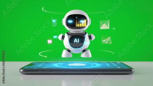 Wallpaper Mural Cute AI robot emerging from smartphone hologram with green background and digital communication icons Torontodigital.ca