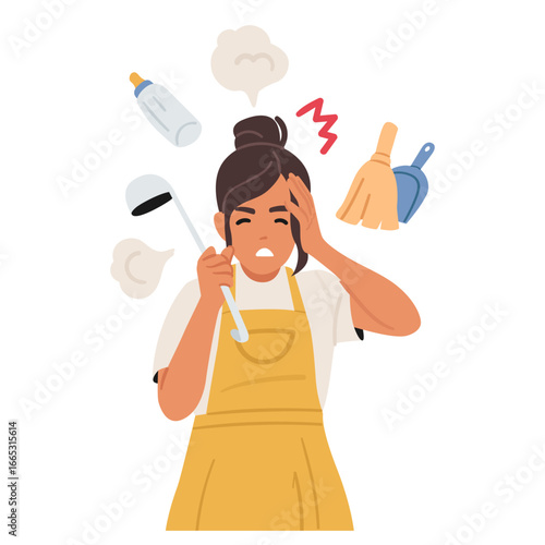 Young woman housewife cartoon character in panic due to multitasking suffering from self pressure