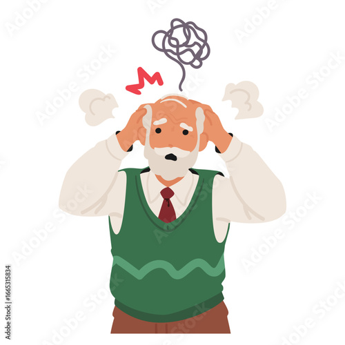 Retired senior man cartoon character feeling scared and stressed having difficulties with memories
