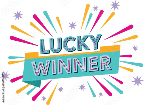 Celebrate good fortune with vibrant "Lucky Winner" text surrounded by colorful confetti and starbursts