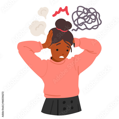 Preteen school girl cartoon character feeling scared suffering from tangled complex thoughts