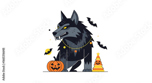 Cartoon werewolf with halloween decorations