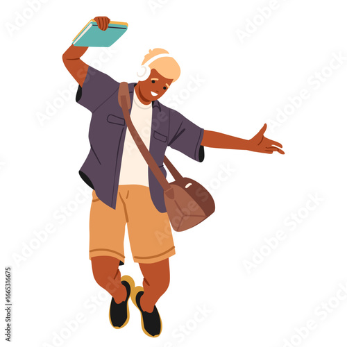 Trendy fashion teenage guy college student cartoon character wearing headphones jumping in air
